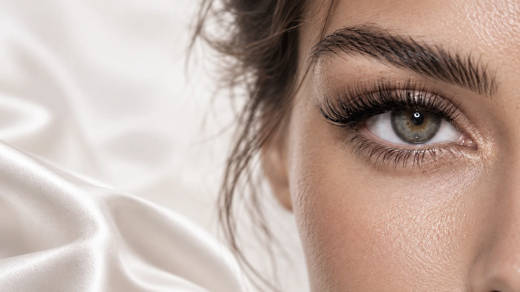 Editorial close-up of a hazel eye with long lashes; concept photography