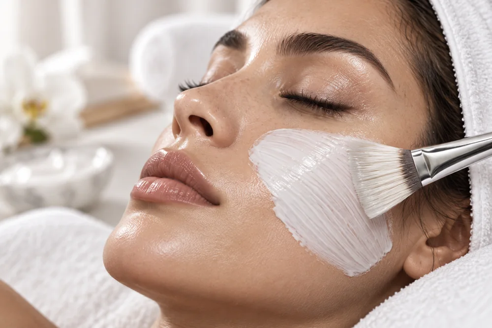 Cream facial mask applied with a soft brush; concept photography
